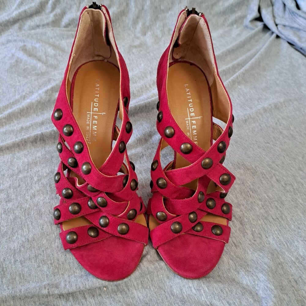 Femme Latitude Sandals Gladiators Heels Studded Suede Italy EU 38 Raspberry 7.5